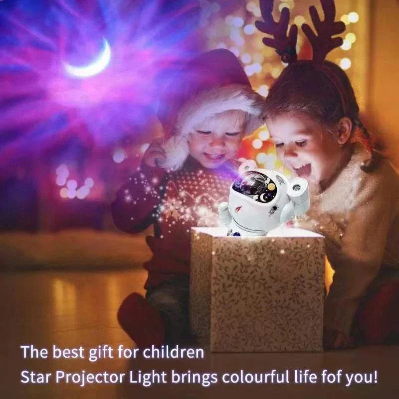 Galaxy Lighting for Kids Bluetooth Astronaut Star Projector with LED Aurora and Moon Nebula effects illuminating a child's room