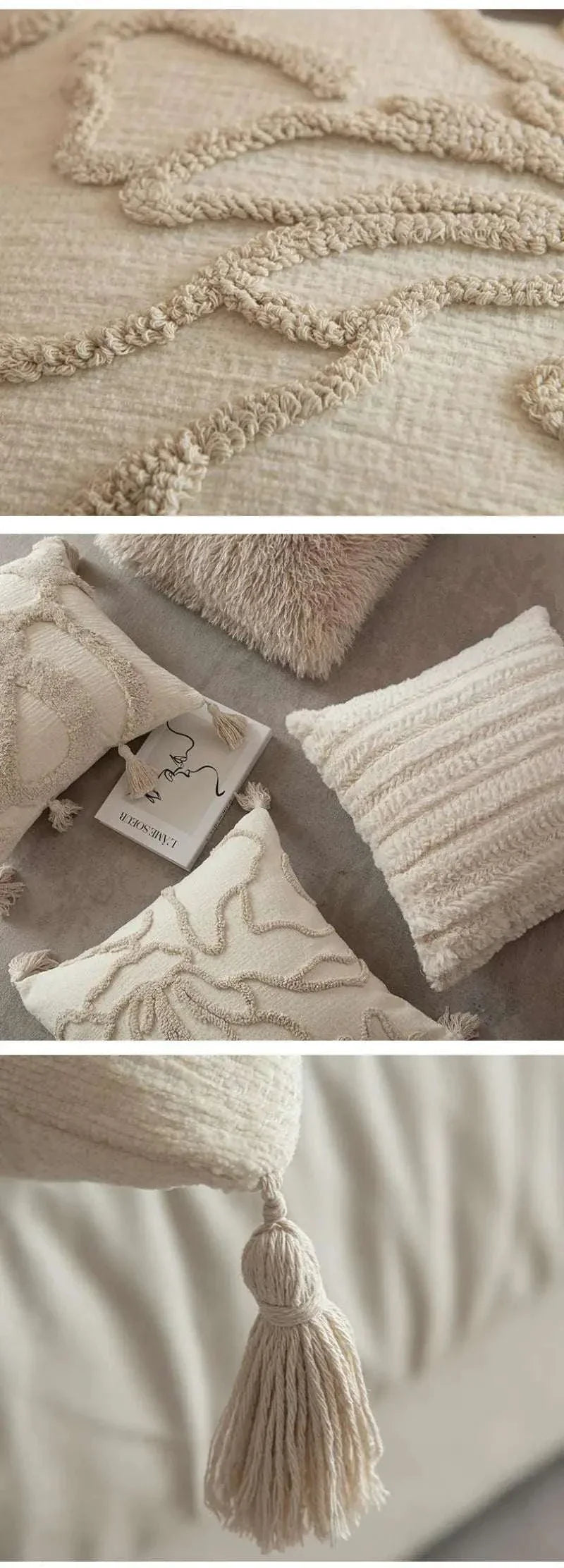 Jacquard embroidery decorative cushion covers with tassel for sofa and bed, 45x45 cm luxury pillowcases in neutral tones