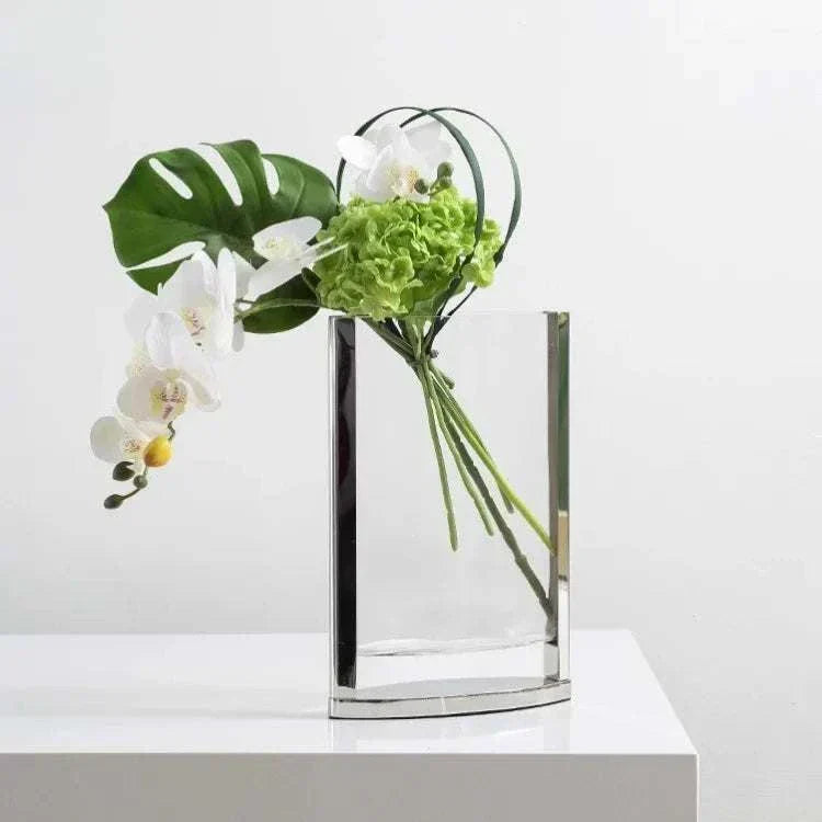 Modern glass vase with green and white flowers, minimalist Scandinavian design for home decor