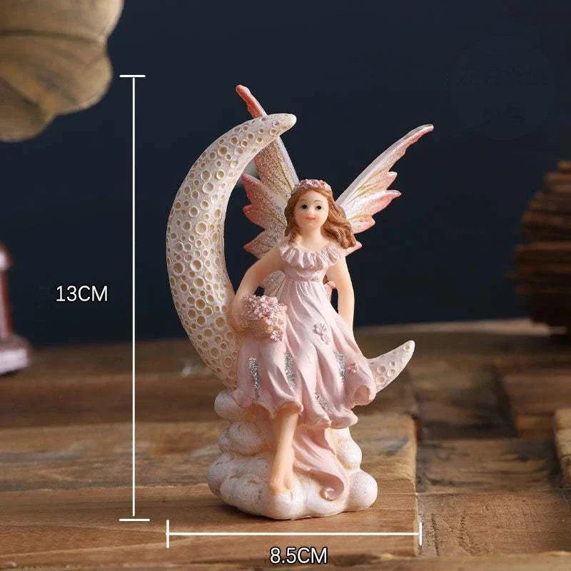 Nordic Beautiful Healing Girl Fairy Resin Ornament sitting on crescent moon decoration for home and study room