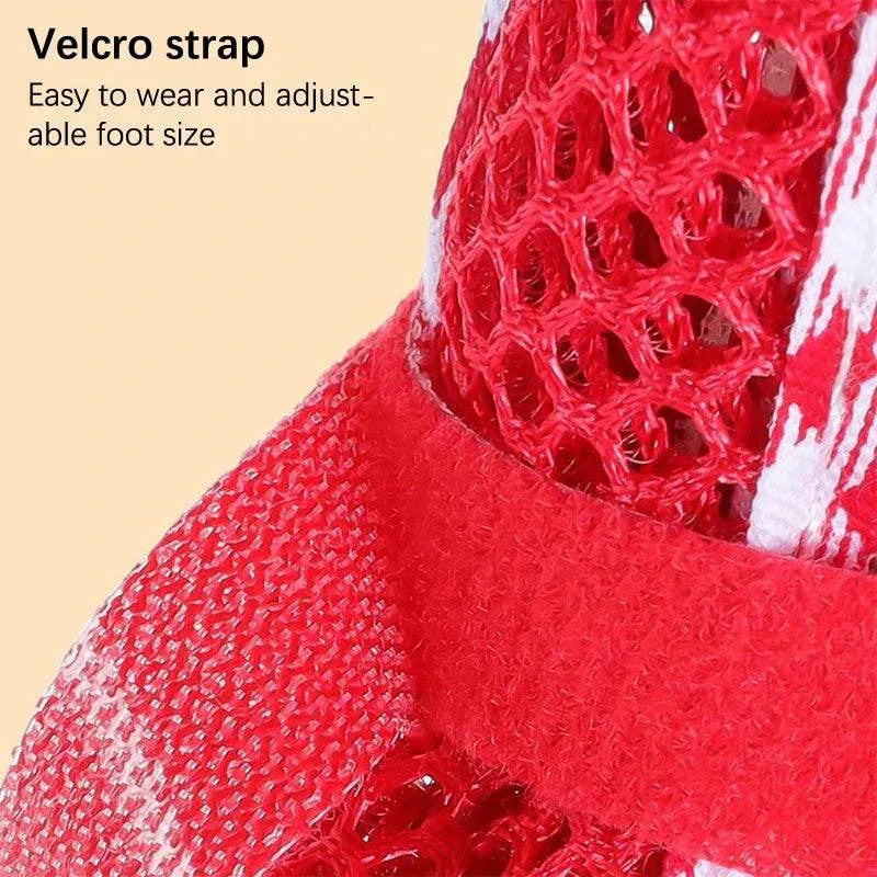 Red wear resistant dog cat boots with adjustable Velcro strap and breathable mesh fabric for small pets.