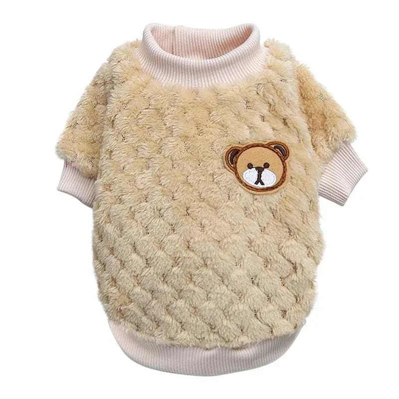 Soft fleece warm beige dog pullover with bear patch for small puppies autumn winter coat