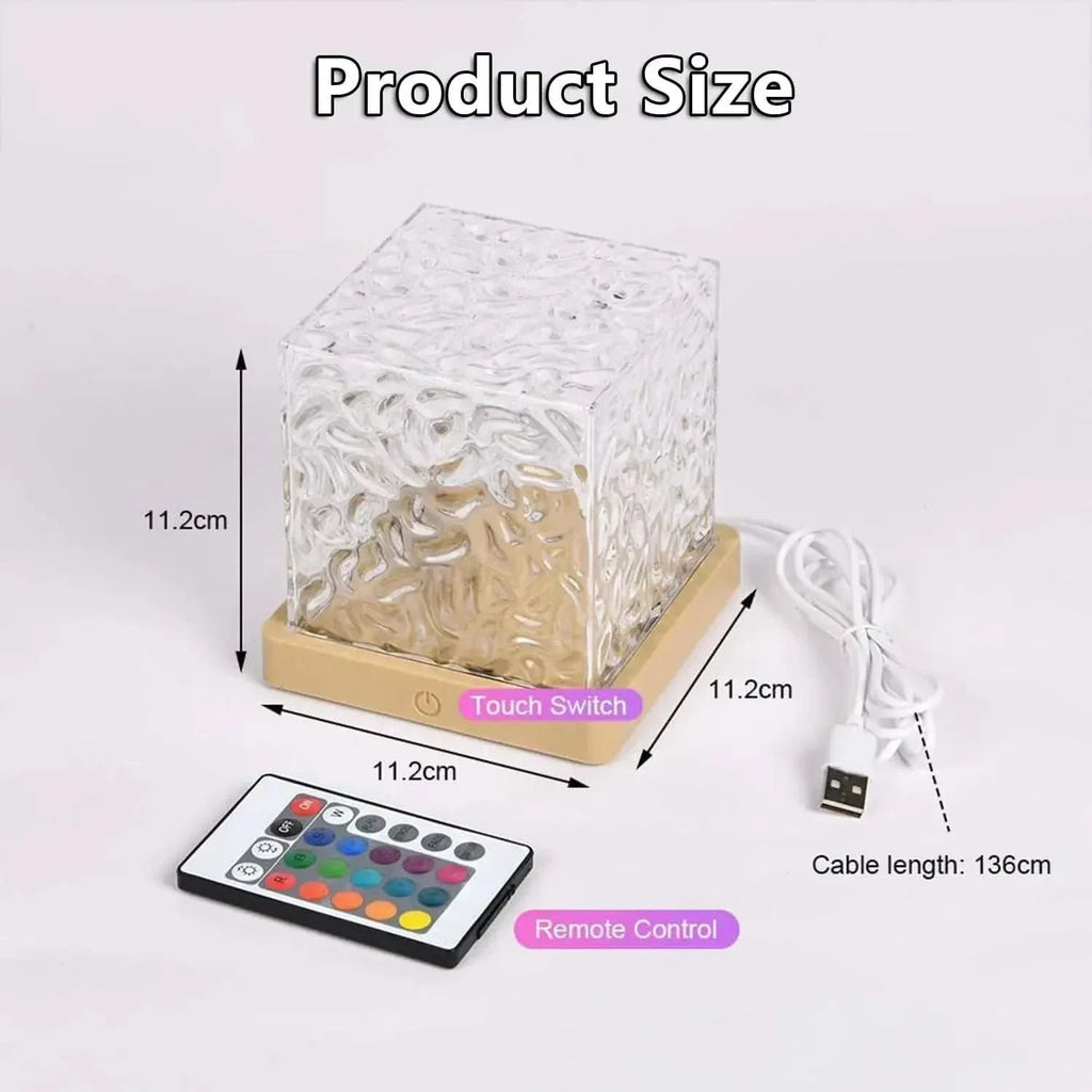 Ocean Wave Projector Light with remote control and USB cable, cube design, 11.2cm size, LED night light with touch switch.