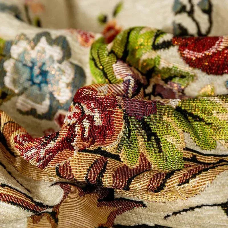 Close-up of jacquard flower cushion pillowcase with intricate floral embroidery in retro European style