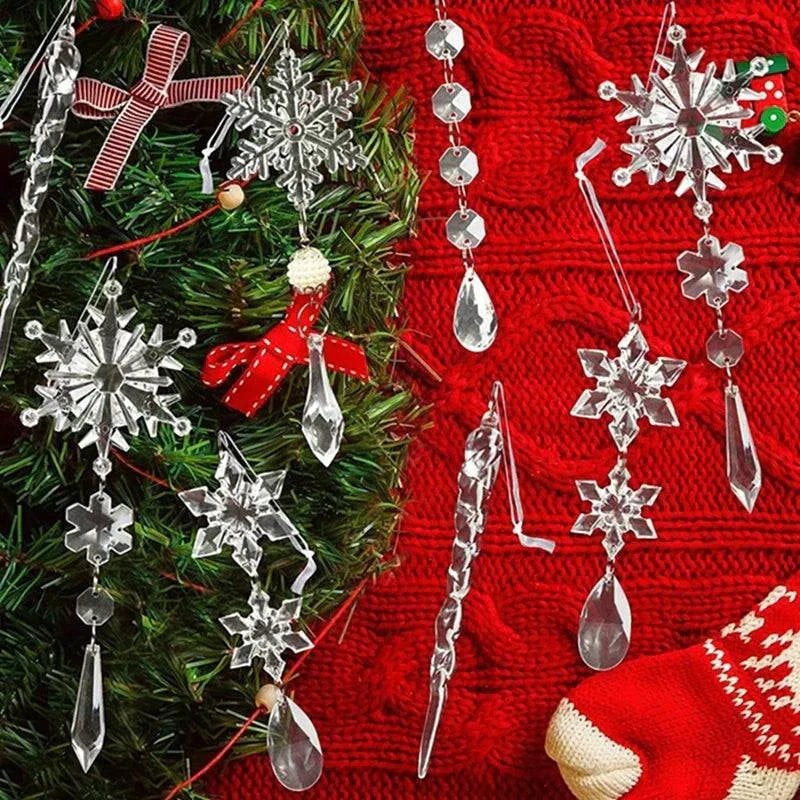 Crystal snowflake Christmas decoration hanging ornaments on tree and red knit fabric background