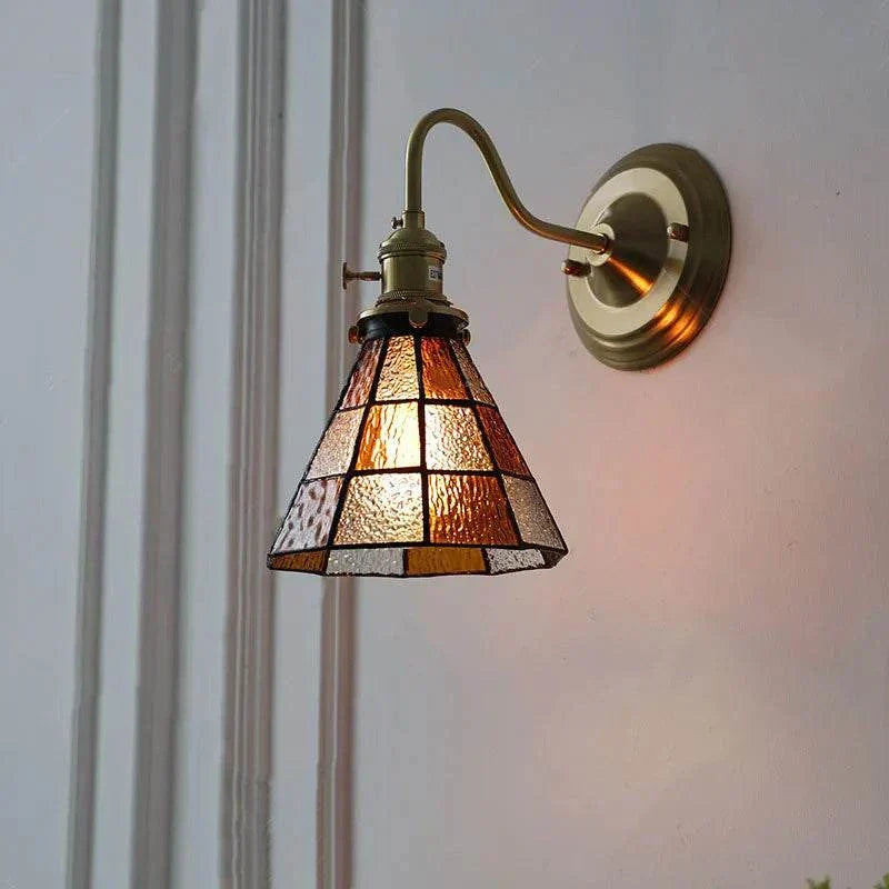 Vintage all copper wall-mounted bedroom headboard lamp with stained glass shade in Mediterranean style