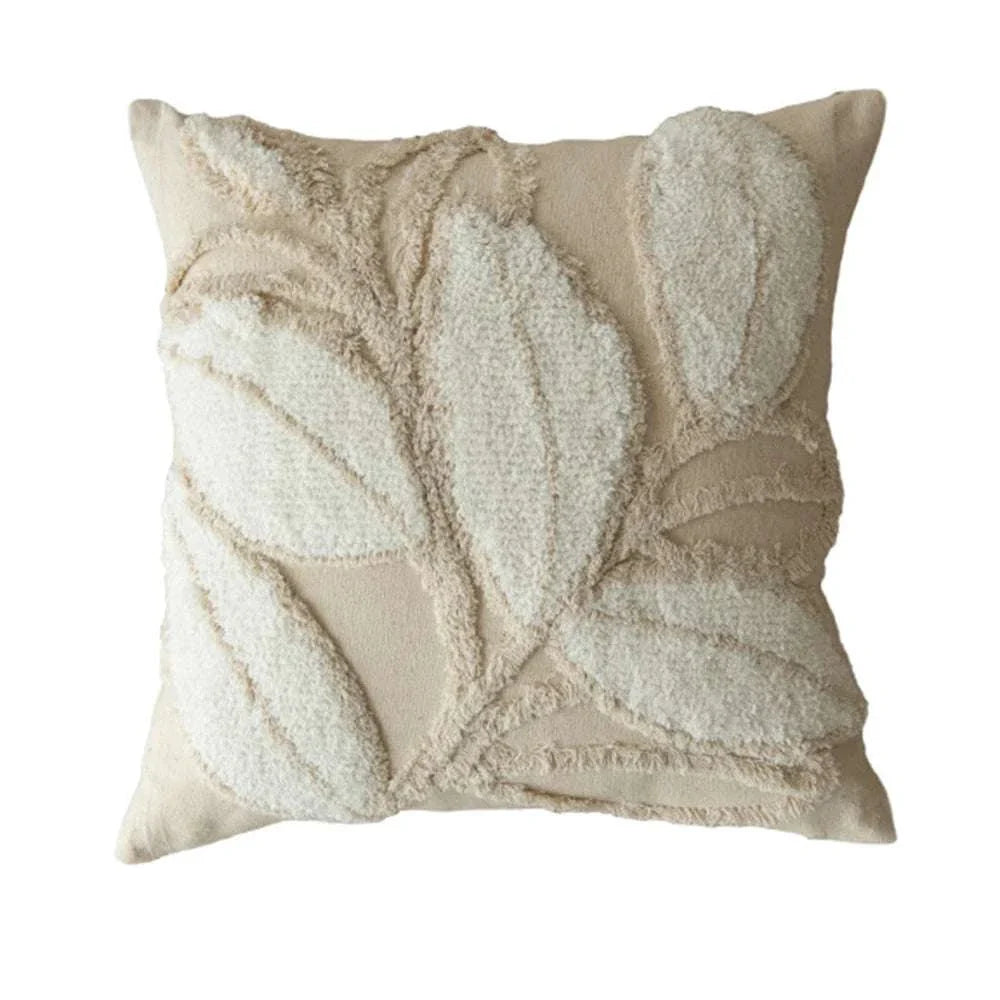 Jacquard embroidery beige cushion cover with textured leaf design, 45x45 cm luxury pillowcase for sofa and bed decoration