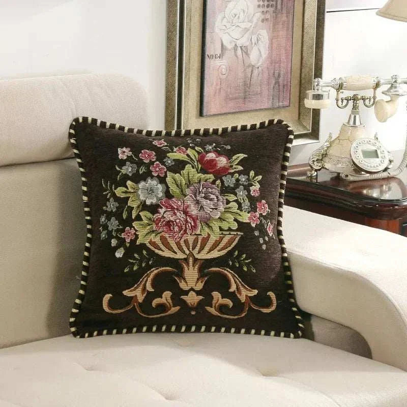 Jacquard flower cushion pillowcase with embroidered floral design on dark fabric for sofa backrest, 45x45 cm
