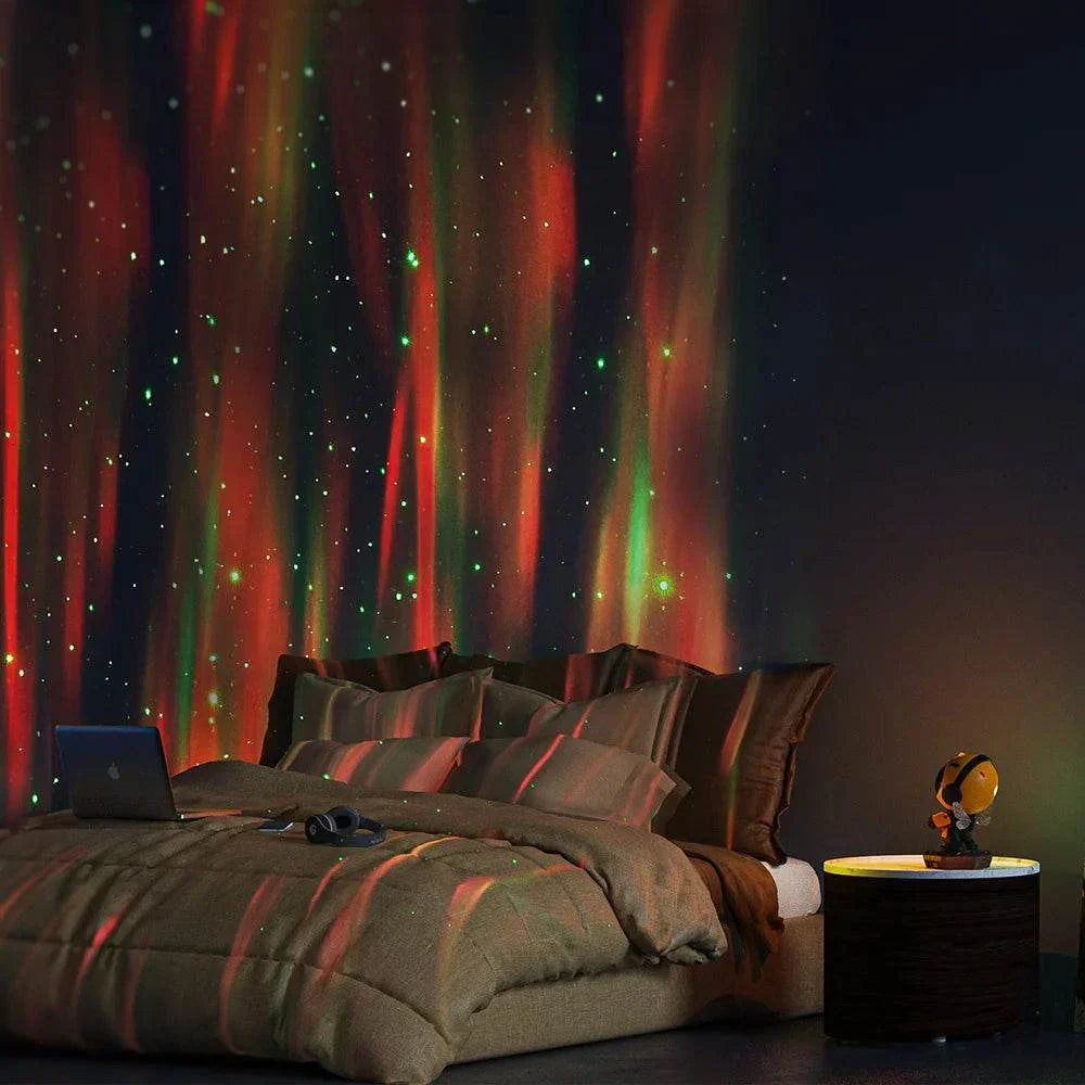 Star Projector Galaxy Night Light displaying colorful nebula lights on bedroom ceiling with cozy bed and bedside table decor