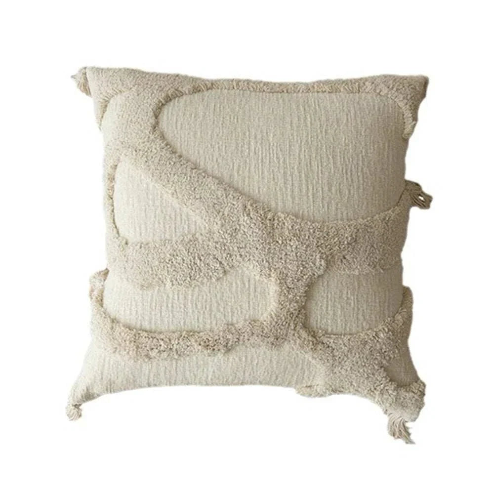 Jacquard embroidery beige square cushion cover with textured tassel design for sofa and bed decor