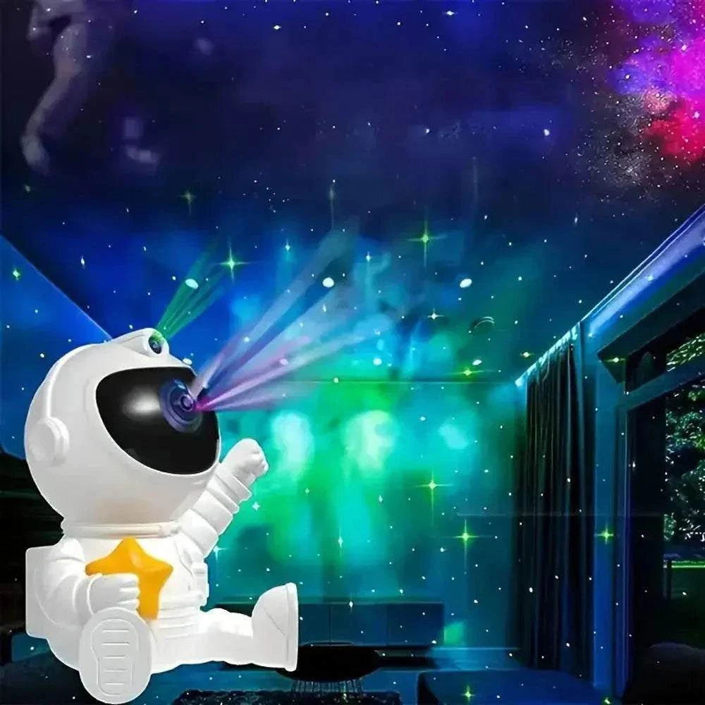 Astronaut Galaxy Projector LED night light projecting colorful stars and galaxy patterns on bedroom ceiling
