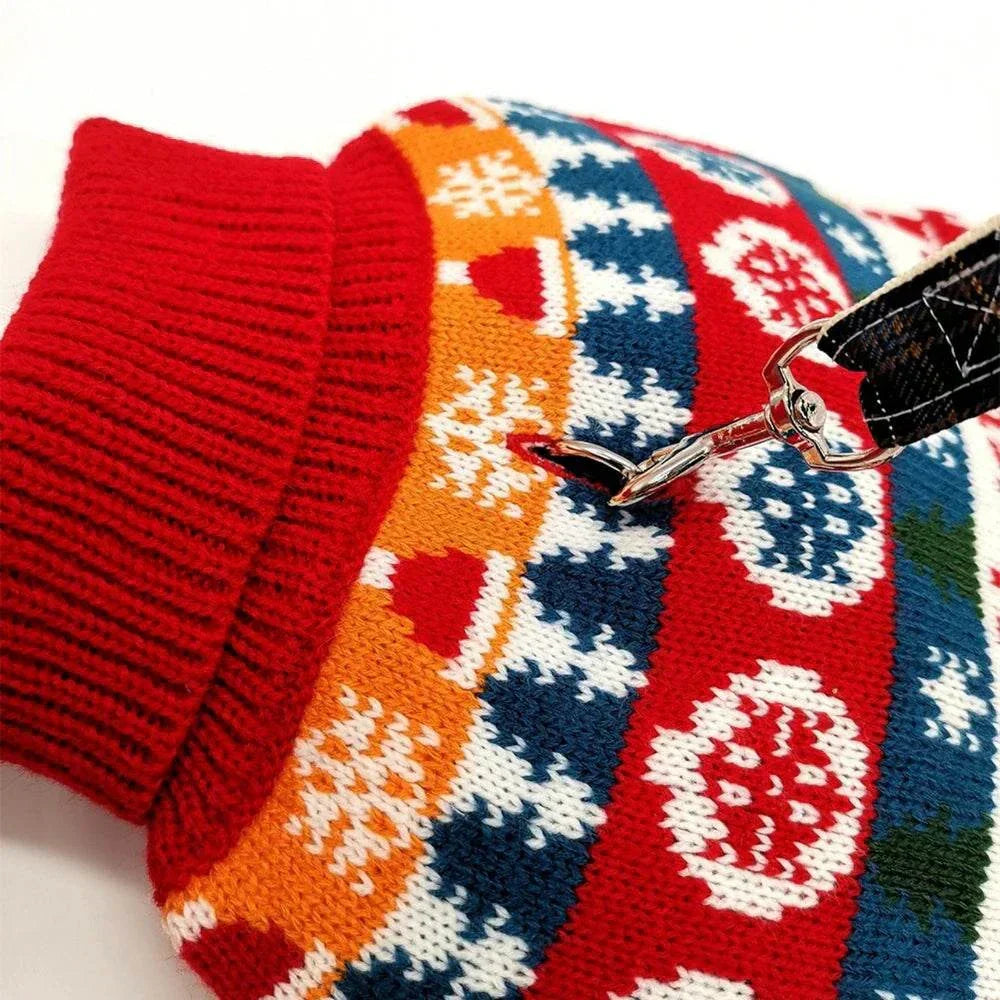 Christmas puppy sweater with colorful knitted pattern and red collar for small dogs