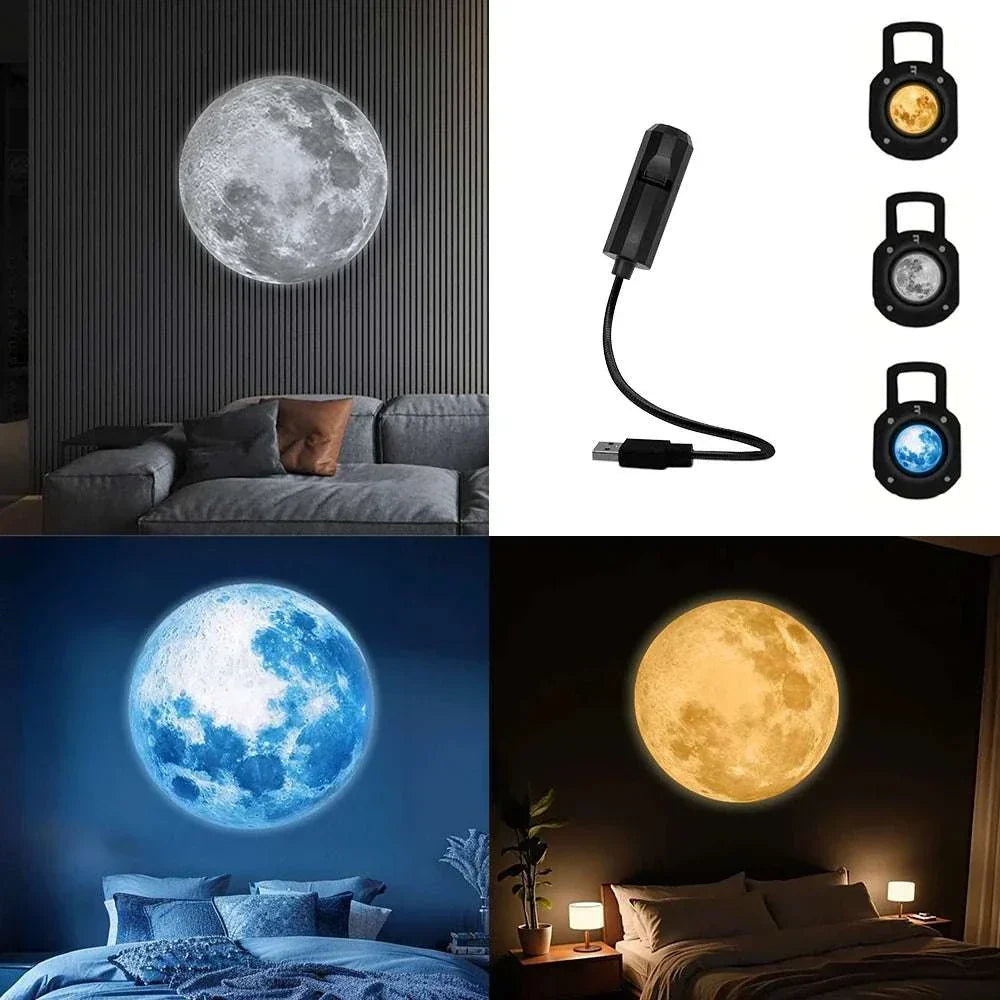 Moon projection lamp with three color options for ambient room lighting and romantic LED night light ambiance