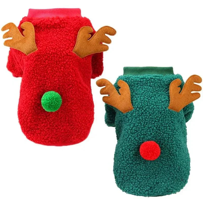 Christmas pet clothes warm fleece dog sweaters with reindeer antlers and pom-pom, red and green winter coats for small dogs and puppies