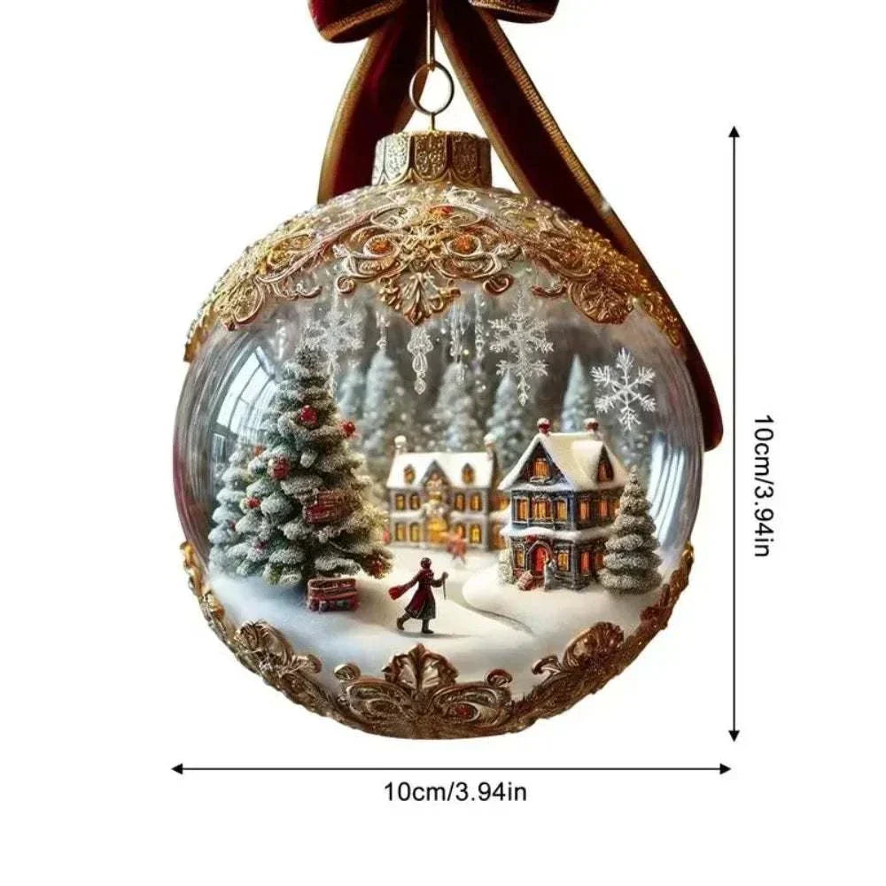 Fairy Tale Planet acrylic flat Christmas tree decoration pendant with winter village scene and gold detailing, 10cm size