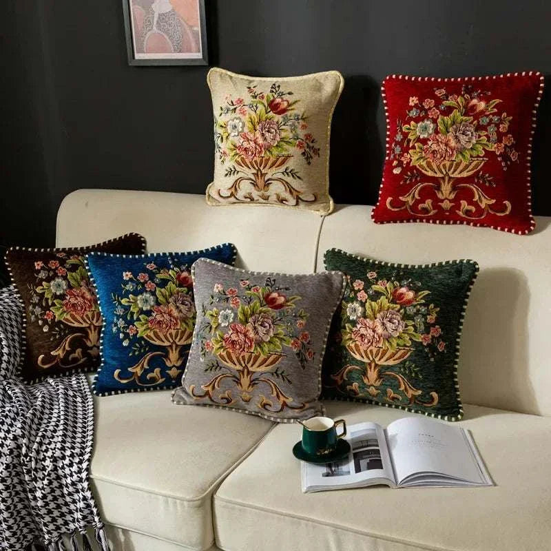 Jacquard Flower Cushion Pillowcase Retro European Style Living Room Sofa Backrest High Precision Embroidery Cushion Cover 45*45 - Kendoro