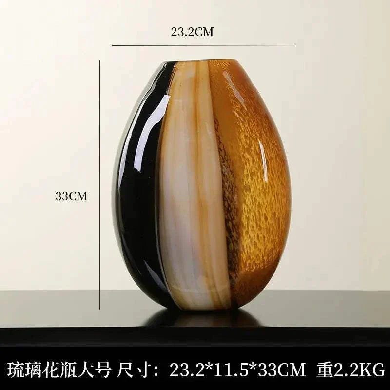Modern simple glass vase with black, white, and amber color matching, 33cm height, luxury decor for living room or hydroponic flowers