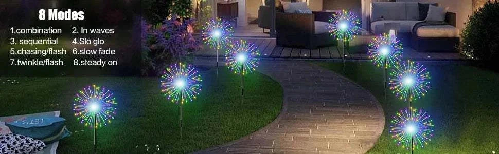Colorful solar firework string lights with 8 modes and remote control for outdoor garden and patio decoration.