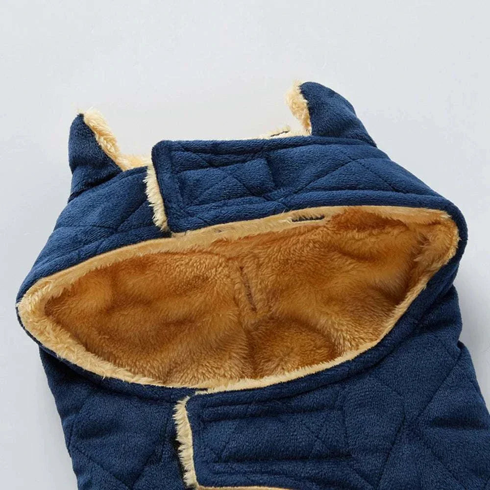 Blue plaid pet coat plush warm thickened winter dog jacket with hood and soft lining