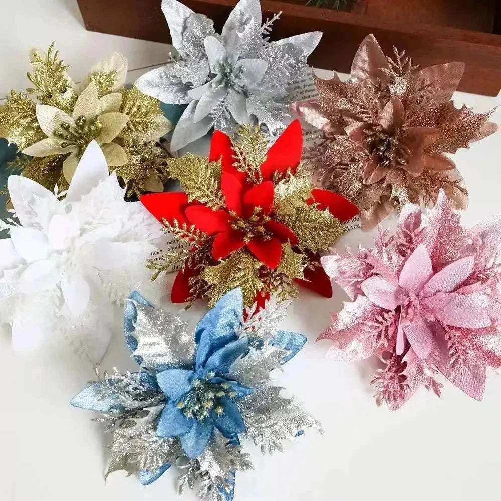 Colorful glitter Christmas flowers decoration for holiday ornaments
