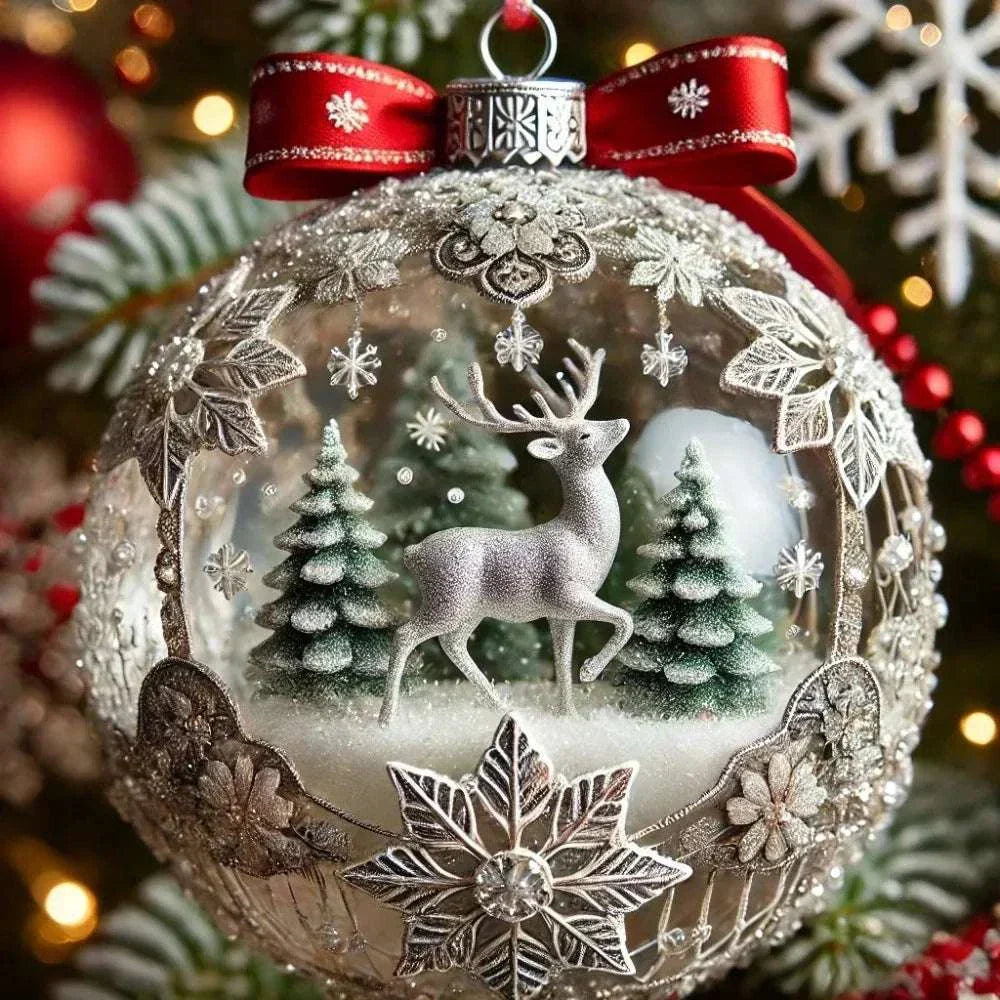 Fairy Tale Planet Christmas tree decoration clear acrylic pendant with silver reindeer and trees design, festive holiday ornament with red ribbon bow