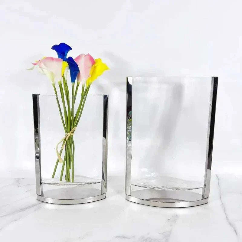 Modern glass vase with metal frame for flower decoration, minimalist Nordic design