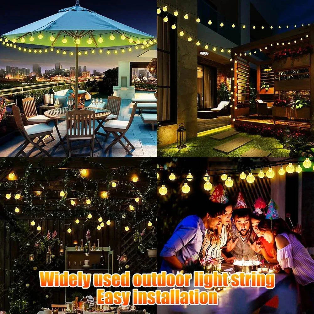 Solar Bubble Ball String Lights outdoor warm white LED garden decoration lights with 8 modes and waterproof design for patio holiday parties and Christmas.