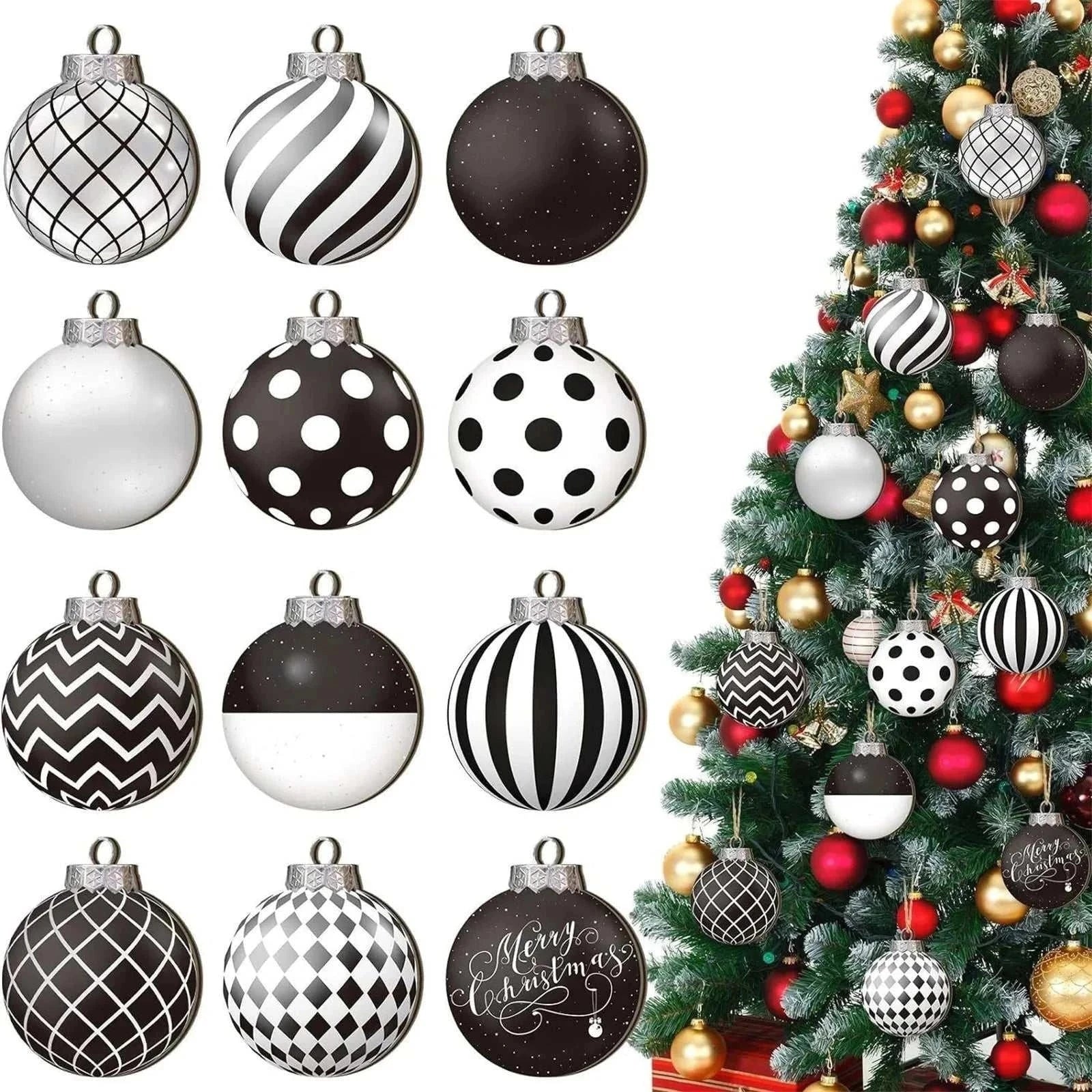 12pcs New Flat Christmas Tree Ornaments set with black and white patterns hanging on Christmas tree