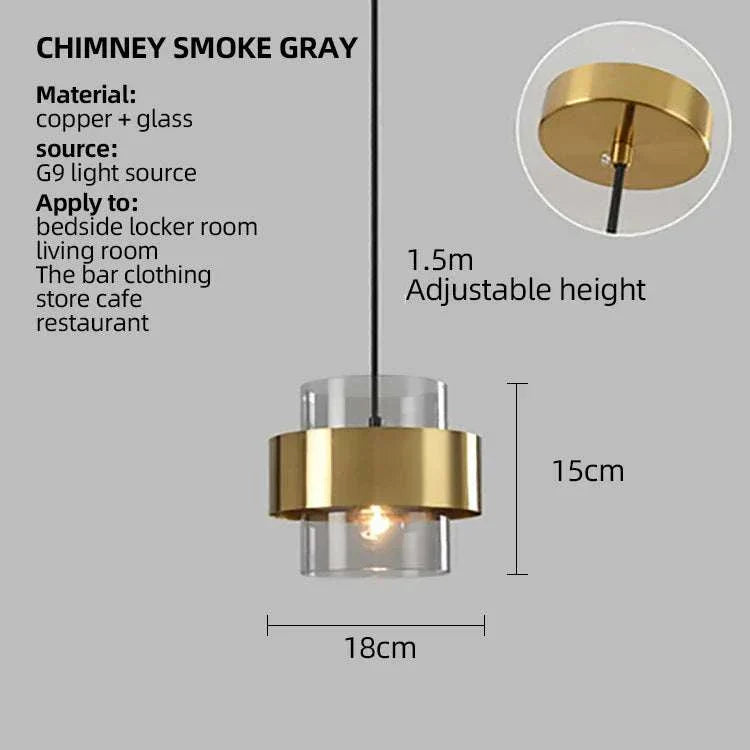 Modern bedroom art decor pendant light with copper and glass, adjustable height, and LED bulb for indoor home or hotel use