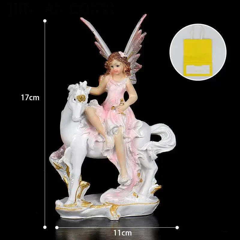 Nordic Beautiful Healing Girl Fairy Resin Ornament sitting on white horse sculpture for home decor
