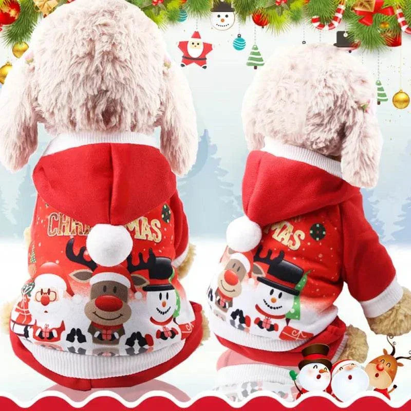 Christmas dog coat sweater with Santa, reindeer, and snowman print, warm red hoodie for small and medium dogs.