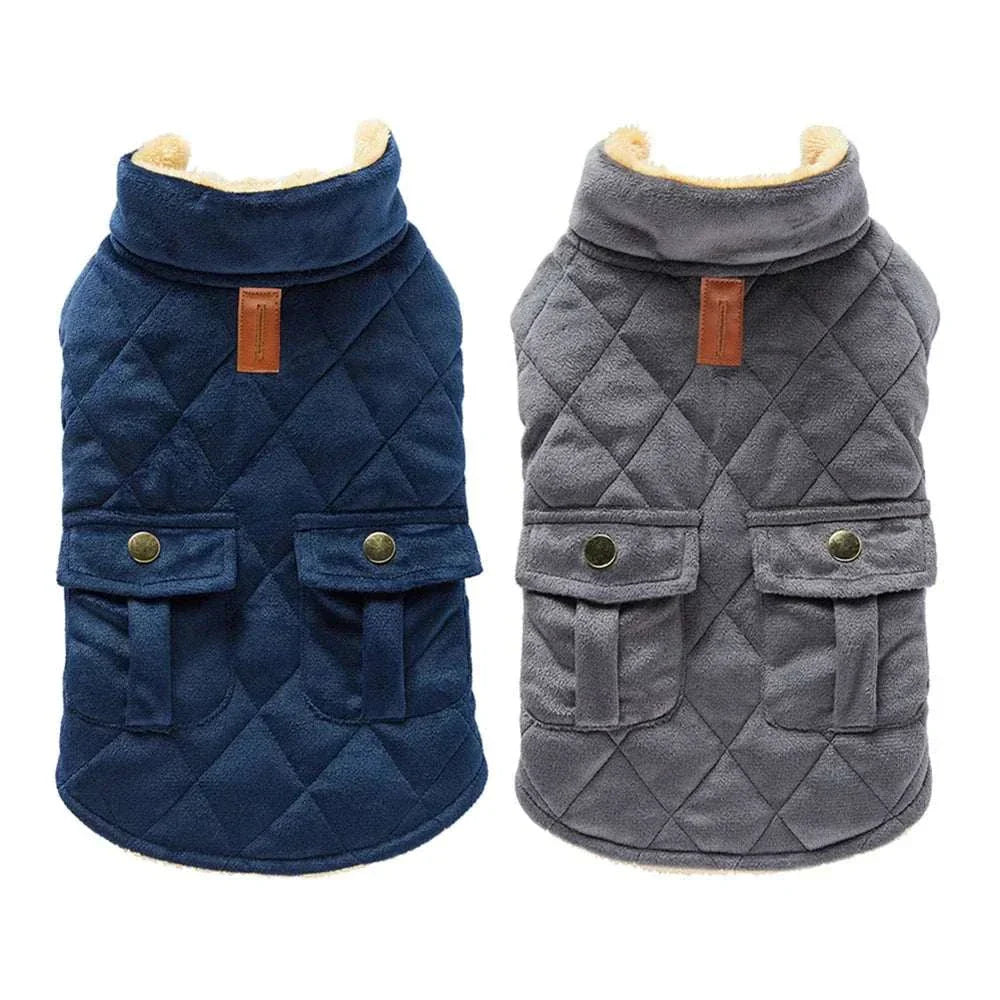 Two plush warm pet coats in navy blue and gray with quilted pattern and pockets for dogs