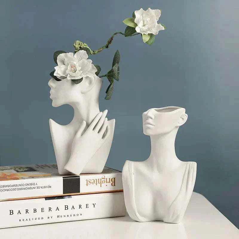 Modern ceramic woman body model vase with white flower and artistic design for home decor