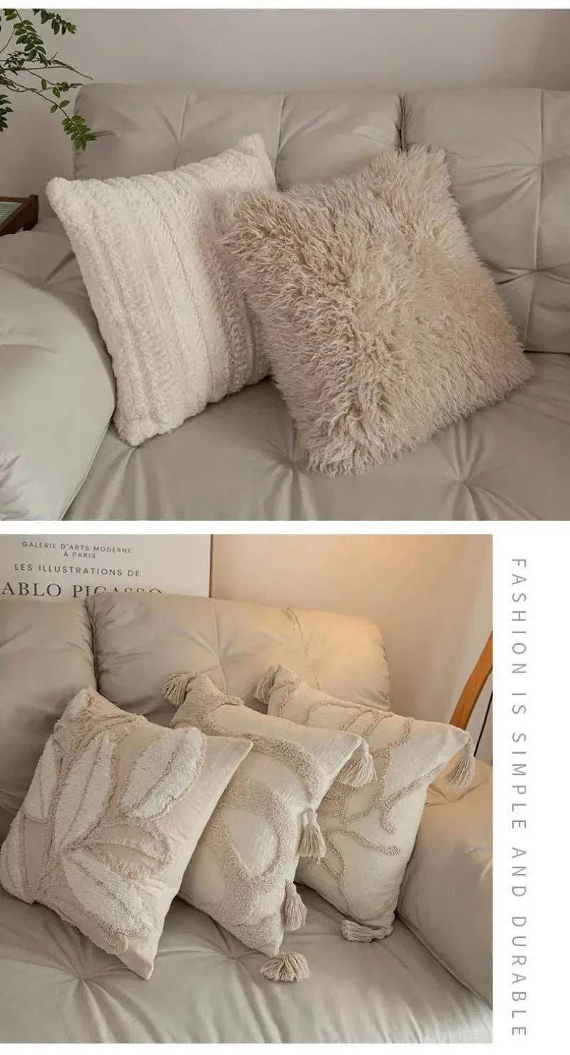 Jacquard embroidery cushion covers in neutral tones with tassel and textured design for sofa and bed decor