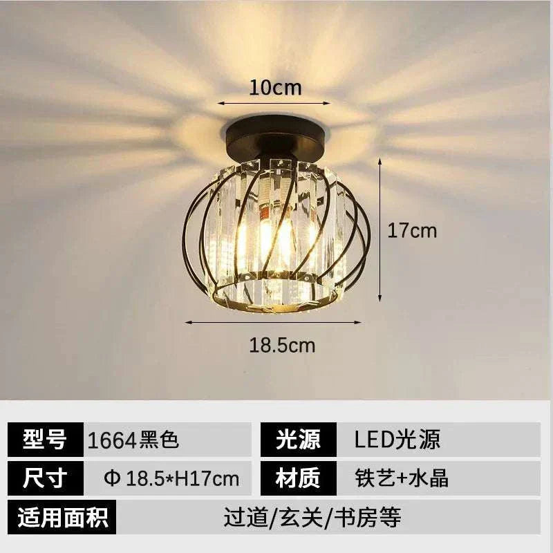 Light luxury living room ceiling chandelier with black metal and crystal design, LED bulb, modern pendant light for dining room and corridor, 18.5x17cm.