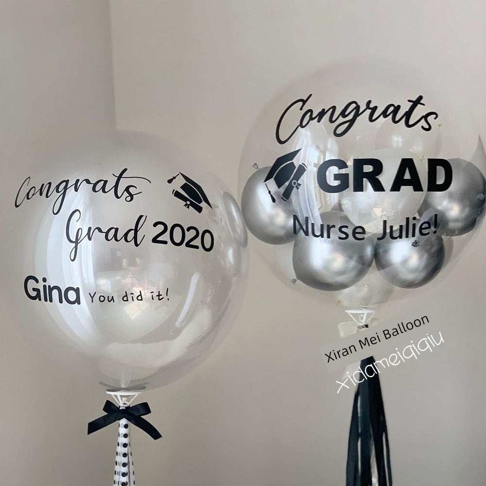 INS New Arrival transparent round graduation balloons with personalized black text and silver inner balloons decoration