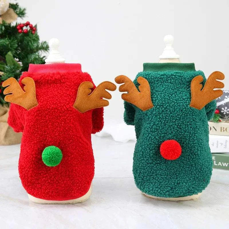 Christmas pet clothes fleece dog sweaters with reindeer antlers and pom-poms in red and green for small dogs and cats
