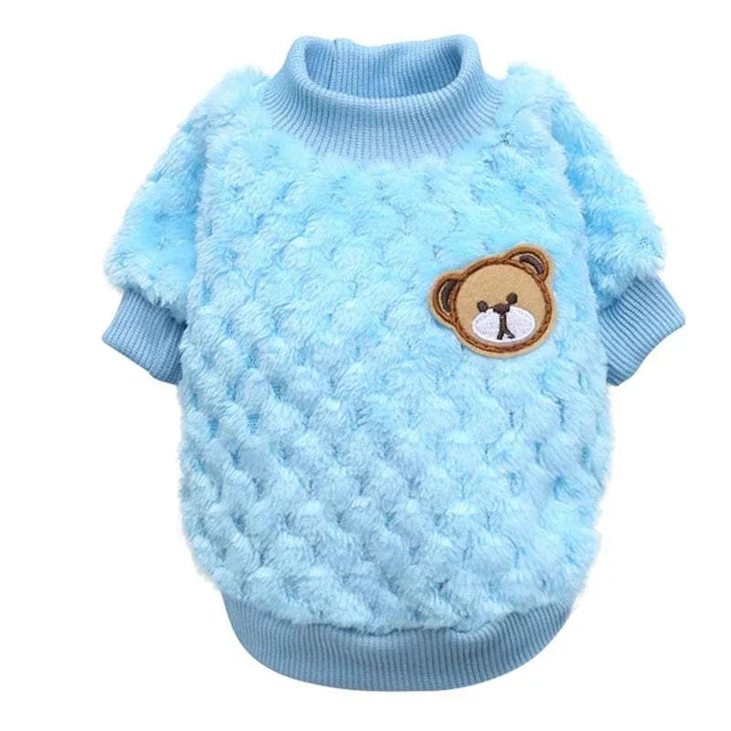 Soft fleece blue plush dog sweater with bear patch, warm autumn winter pet pullover coat