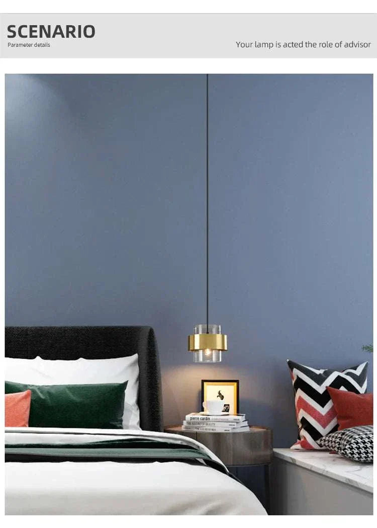 Modern bedroom art decor LED pendant light with metal finish hanging over bedside table