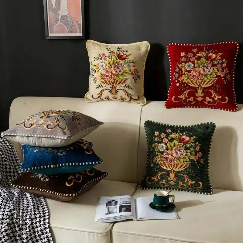 Jacquard Flower Cushion Pillowcase Retro European Style Living Room Sofa Backrest High Precision Embroidery Cushion Cover 45*45 - Kendoro