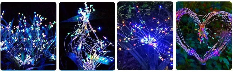 Colorful solar firework string lights glowing in various outdoor settings, perfect for garden, patio, and party decoration.