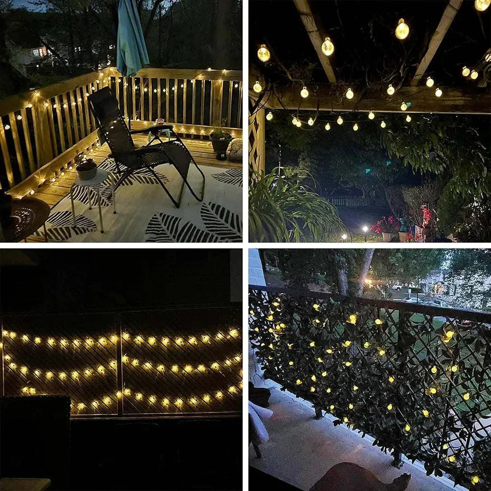 Solar Bubble Ball String Lights glowing outdoor patio and garden decoration with warm white LED lights at night