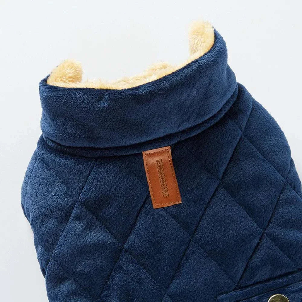 Blue quilted plush pet coat with warm thick lining and collar for winter dogs