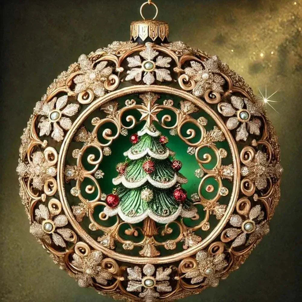 Fairy Tale Planet Christmas Tree Decoration ornate acrylic pendant with detailed Christmas tree design and gold floral accents