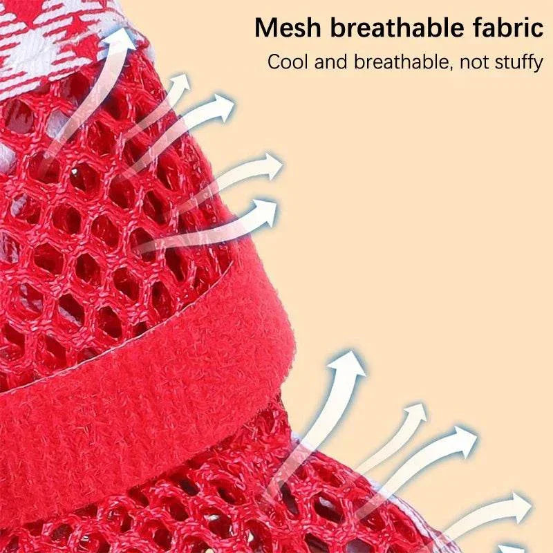 Red mesh breathable wear resistant dog cat boots with adjustable strap and anti-slip sole