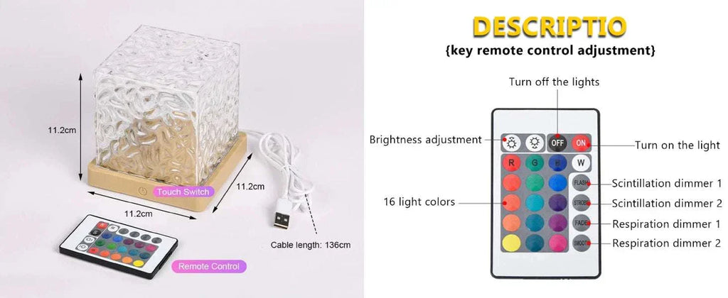 Ocean Wave Projector Light cube with remote control and USB cable showing 16 color options and touch switch function