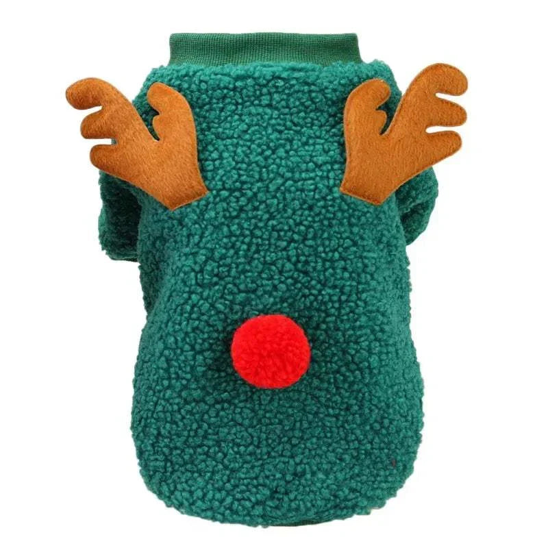 Green fleece Christmas pet sweater with reindeer antlers and red nose for small dogs and cats