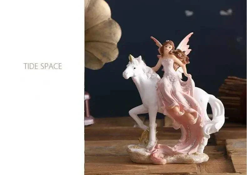 Nordic resin fairy figurine riding a white horse home decor sculpture