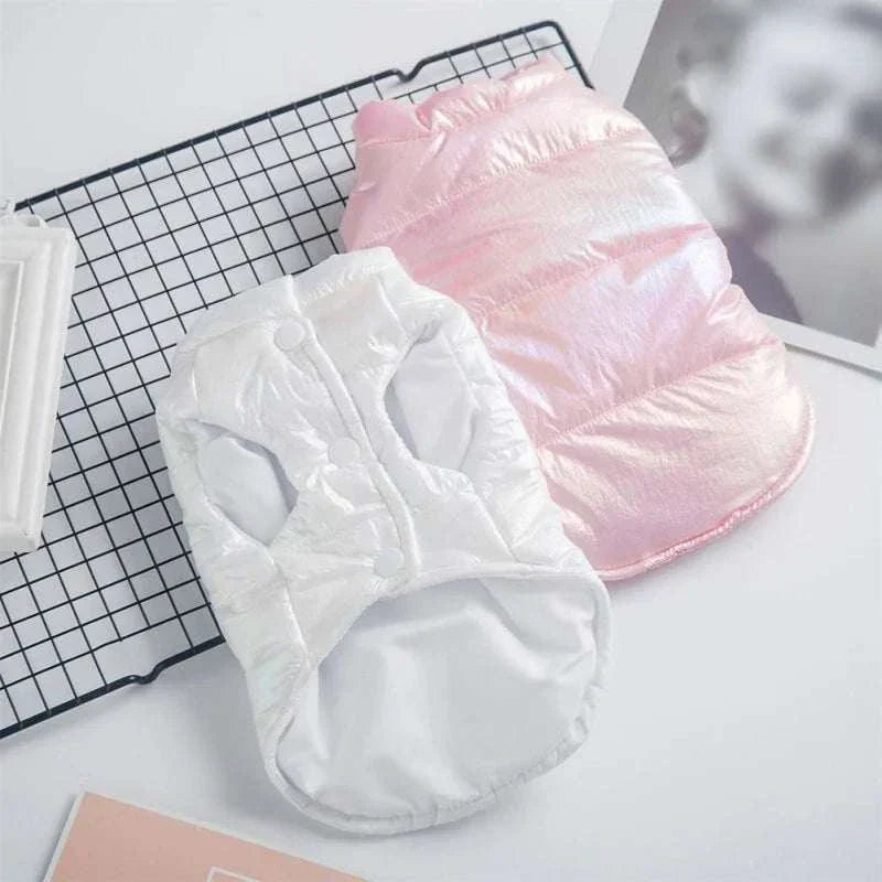 Waterproof winter pet clothes for small dogs in pink and white colors