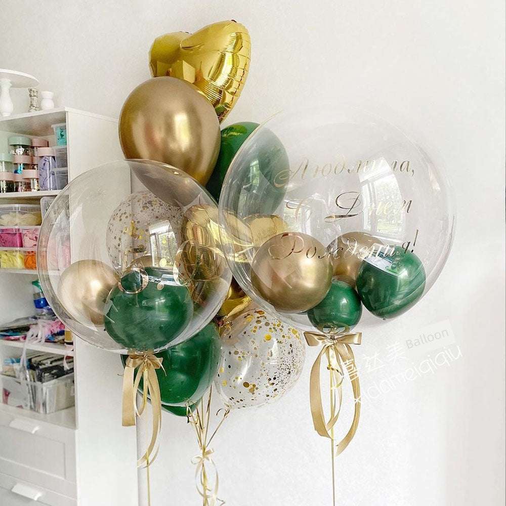 INS New Arrival transparent round floating balloons with gold, green, and confetti inside for birthday decoration